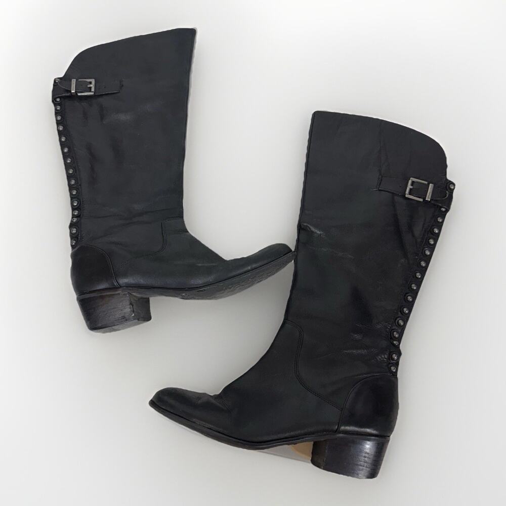 Arturo Chiang Black Leather Side Zip Stud & Buckle Accent Riding Boots 9M